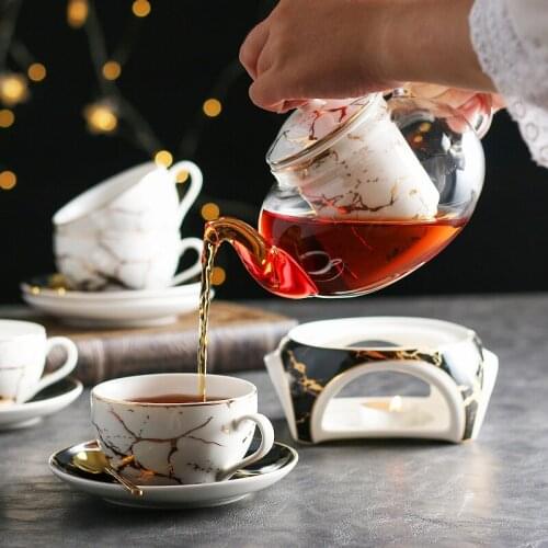 Northern Europe Small Luxury English afternoon tea set European flower tea set ceramic glass boiling fruit candle teapot