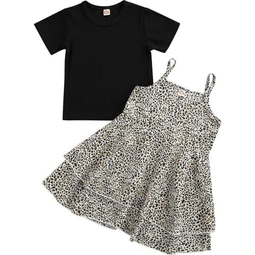 3-8Y Fashion Girls Summer Clothing Sets Children Kids Girls Short Sleeve T shirt Tops+Leopard Dress Outfit 2pcs