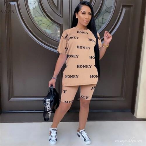 VAZN 2021 Hot Popular Letter Latest Style Casual Free Tracksuits Daily Young Half Sleeve Group Knee Length Women 2 Piece Set