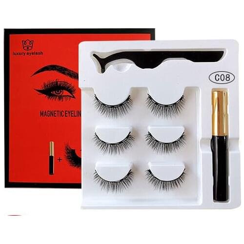 20set/lot (3Pairs False Eyelashes+Eyeliner+Tweezers) 3D Synthetic Magnetic Self-adhesion Three In One Suits Makeup Tools HA1882