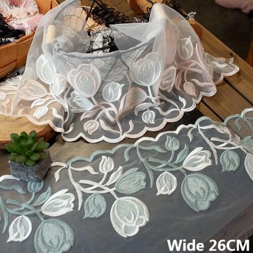 26CM Wide Luxury Golden Glitter Mesh Embroidered Lotus Flowers Lace Fabric Wedding Dress Veil Skirts Hemlines Stitched Material