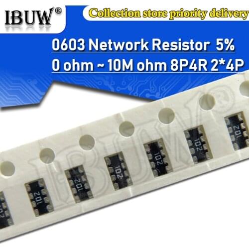 100pcs 0603*4 8P4R 2*4P Network Resistor SMD array 0 ~ 910 ohm 1K ~ 910K 2K 2.2K 4.7K 10K 22K 47K 100K 1M 1 10 100 220 470 ohms