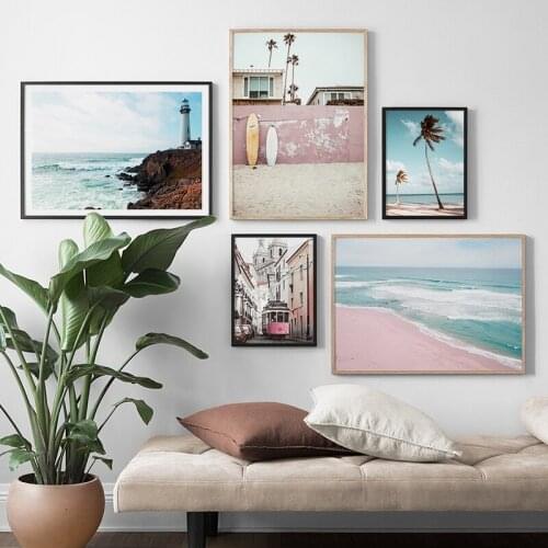 Nordic Decoration Home Pink Bus Beach Landscape Canvas Poster Wall Art Print Painting Decorative Picture Scandinavian Home Decor
