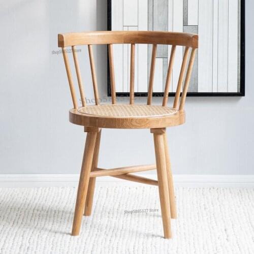 Nordic Rattan Chair Solid Wood Single Leisure Chair Oak Rattan Woven Windsor Dining Chair Dining Room Study Chair