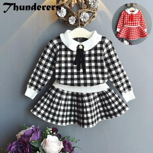 Thunderers Spring Autumn Knitted Kids Clothing Set For Girl Printed Plaid Children 2pcs Outfits Sweater With Short Skirt 3T-7T