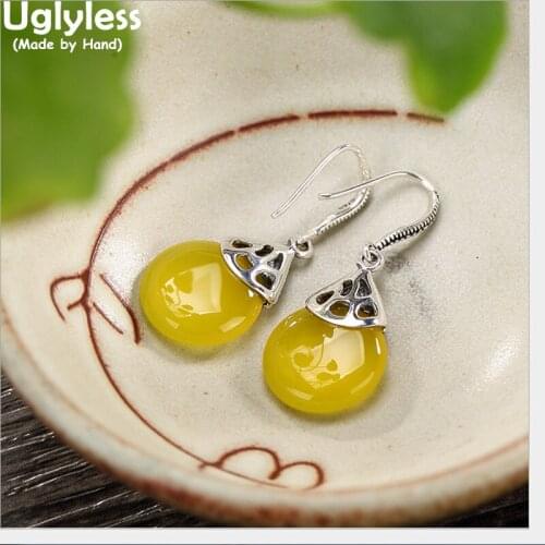 Uglyless S 925 Sterling Silver Natural Chalcedony Women Statement Earrings Retro Palace Designer Marcasite Brincos Ethnic Bijoux