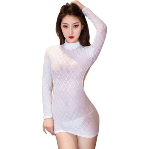 Long Sleeve Sexy Backless Tight Pencil Dress Mesh Transparent Sheer Vestido Bodycon Micro Minifalda Fantasy Package Hip Clubwear