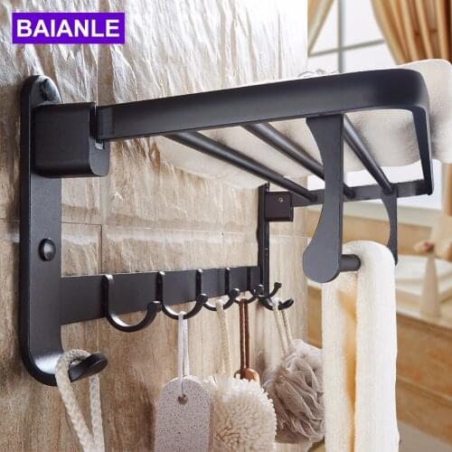 Black Space aluminum Wall Mounted Foldable Bathroom Towel Rack Holders Shower Towel Rack Shelf Bar with hooks