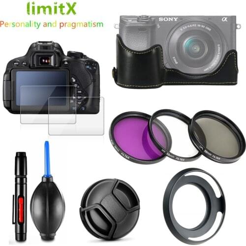 Protect kit Screen Protector Camera PU Leather case UV CPL FLD Filter Lens hood for Sony A6000 A6100 A6300 A6400 16-50mm lens