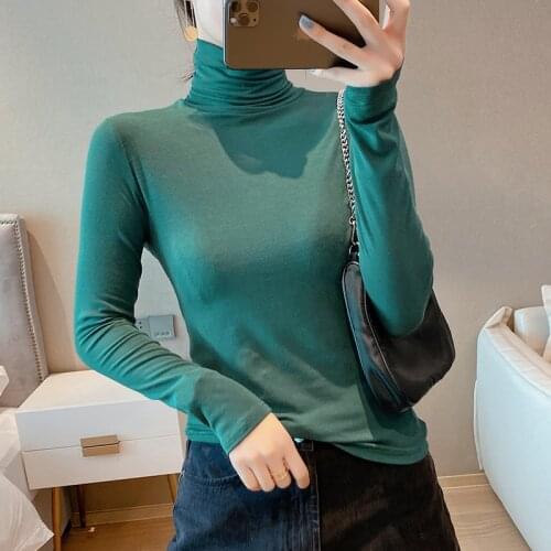 Women Slim Shirt Turtleneck Elastic Tops Long Sleeve T-Shirt Female Autumn Tops and Tees Plus Size Casual Black Warm T-shirts