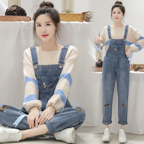 Womens One-piece Overalls Denim Overalls Autumn and Winter Suits Womens Korean Style Loose and Cute Two-piece Suit
