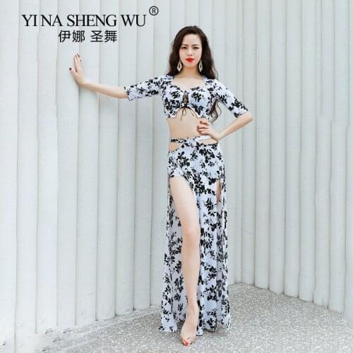 Women Vintage Belly Dance Practice Clothes 3 Piece Dancing Outfit Top Long Slit Skirt Shorts For Group Dancing Performance Wear