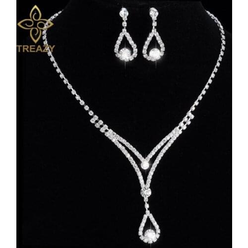 TREAZY Women Beautiful V Shape Teardrop Crystal Necklace Earrings Set Bridal Bridesmaid Wedding Jewelry Sets Night Party Show