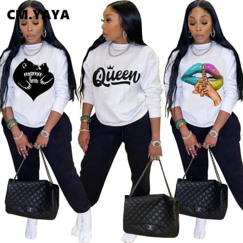 CM.YAYA Active Queen Letter Print Sweatsuit Two 2 Piece Set for Women Fitness Outfit Crewneck Sweatshirt + Pants Set Tracksuit