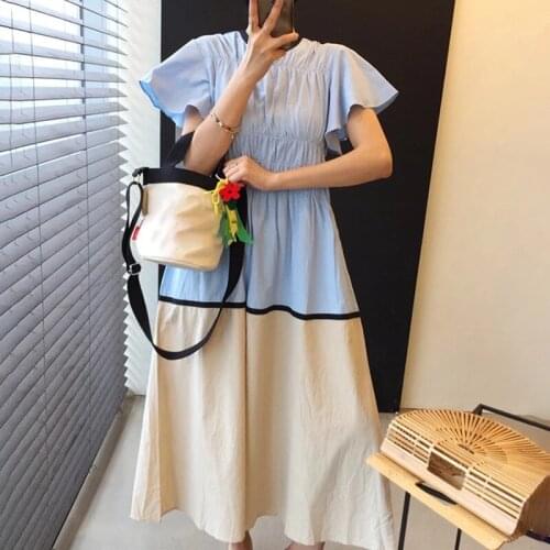 New Korean Chic Lady Robe Loose Dress Trendy Clothing Women Summer Elegant Gentle O-Neck Matching Design Long Dresses