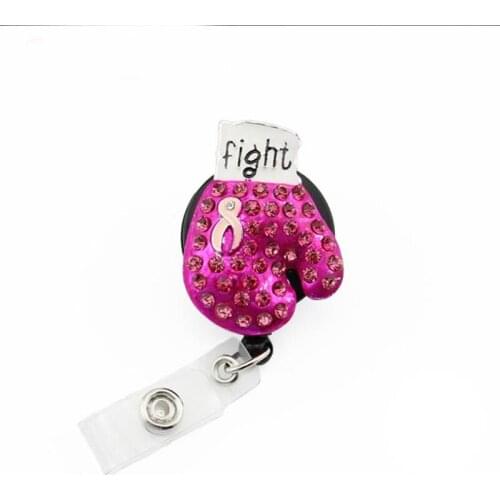 10pcs/lot Rhinestone Breast Cancer Awareness Pink Ribbon Boxing Glove Badge Reel Retractable ID Badge Holder