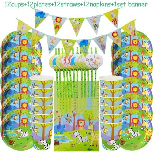 49pcs Animals Theme Disposable Tableware Set Jungle Party Birthday Party Decor Kids Jungle Safari Party Baby Shower Supplies