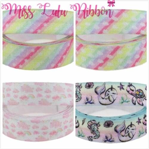 5/8"16mm Rainbow Stripes Cloud Patterns Printed Fold Over Elastic Ribbon Gradient Color Starfish Hair Band Making 50yards/roll