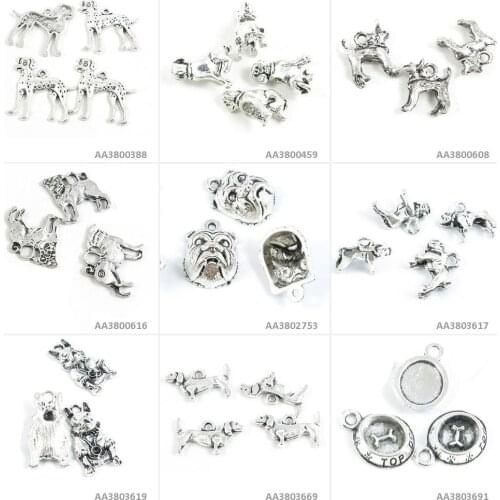 Antique Silver Tone Jewelry Making Charms Dog Food Dish Dachshund Bulldog Pug English Puppy Doberman Loose Beads Dalmatian