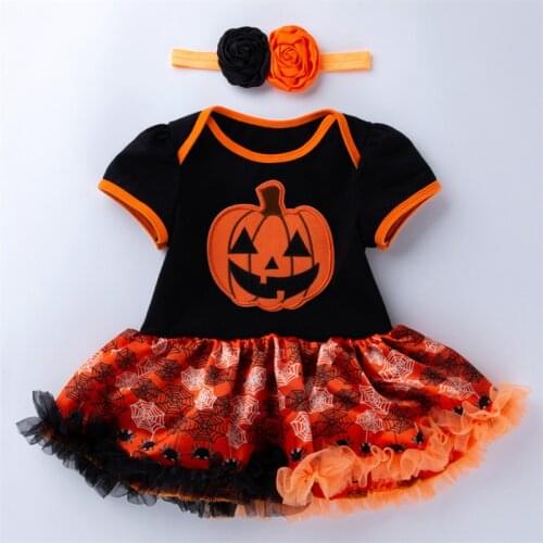 Free Shipping 2021 Childrens Clothing New Cotton Short - Sleeved Halloween Pumpkin Print Dress Baby Girls Clothes