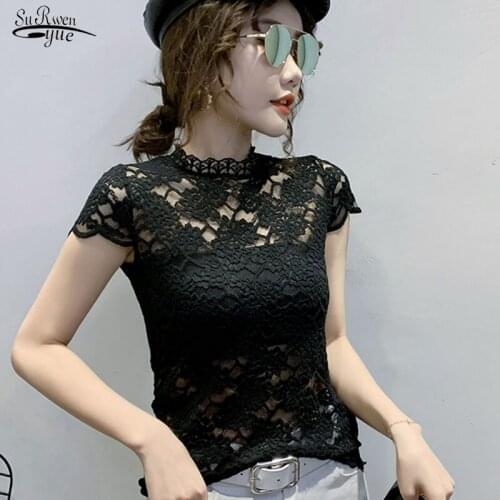 Blusas Solid Women Tops Blouse Hollow Lace Blouse Women Short Sleeve Shirt Casual Turtleneck Sexy Crochet Flower Clothing 10264