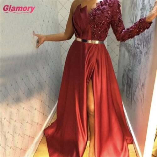 Burgundy One Shoulder 3D Beaded Lace Sexy Evening Gowns Long A Line Satin Formal Prom Dresses