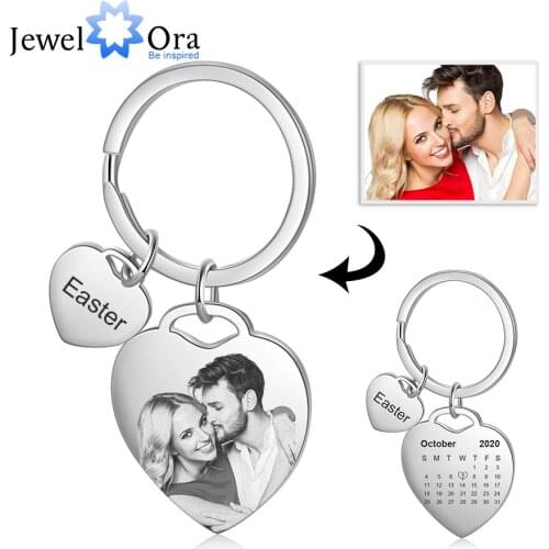 JewelOra Personalized Date & Name Engraved Calendar Keychains for Ladies Custom Photo Stainless Steel Keyring New Year Gifts