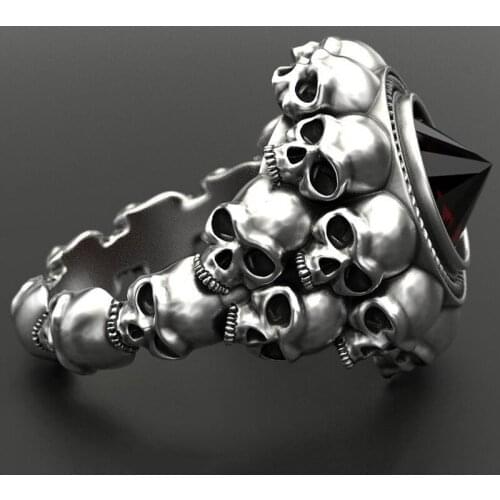 Gothic Skull Finger Ring Mens Wedding Ring Gold Silver Color Retro Skeleton Red Stone Rings for Men party Punk Jewelry D5M478