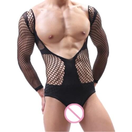 Fashion Mens Pajamas Male Underwear Man Sleepwear Sexy Lingerie Mens Fishnet Jumpsuit Exotic Long Sleeve Bodysuit New arrive