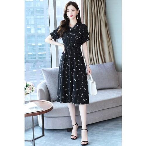 Korea Chic Elegant Temperament V-Neck Full-Screen Small Floral Waist Slimming Puff Sleeve Dress Long Skirt Female summer dress