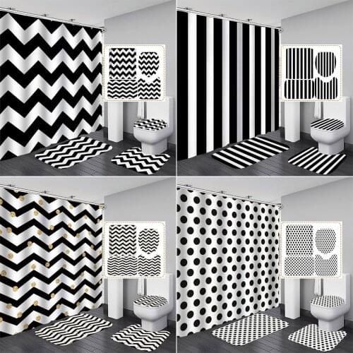 Beautiful Stripes Print Fabric Shower Curtain +Non-Slip Rugs Toilet Lid Cover and Bath Mat Carpet Bathroom Curtains Set