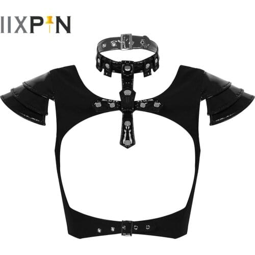 Women Wetlook Crop Tops Halter Neck Patent Leather Corset Layered Short Sleeve Cutout Tank Adjustable Buckle Front Cropped Vest