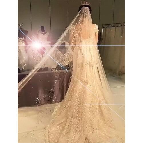 New Bridal Wedding Veils with Pearls Crystals Cheap Free Shipping Lace Ivory Tulle Wedding Bridal Veil long Length Events Formal