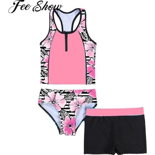 Summer Swimwear Girls Tankini Set 3 Piece Floral Print Brazilian Swimsuit Sleeveless Racerback Tank Vest Short and Bikini Briefs