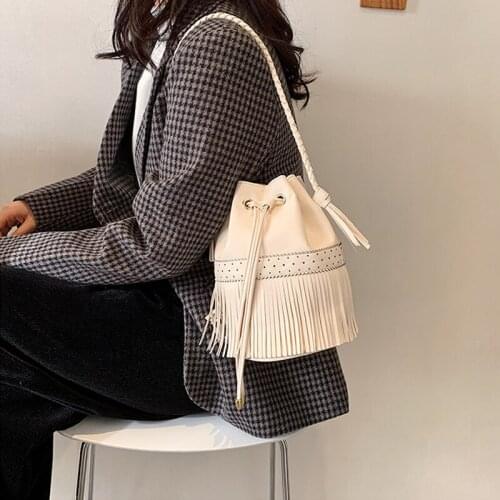 Summer Women Shoulder Bag Personality New Female Crossbody Bag PU Leather 2021 Fashion Designer Bucket Bag Tassel Black White