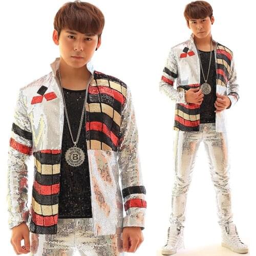 Fashion New Personality Mens Multicolour doodle Paillette Suit Jacket Nightclub singer dj male stage show performance costume