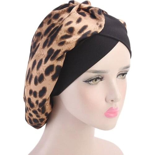 Muslim Women Hat Satin Black Head Scarf Sleeping Bonnet Silky Head Wrap Ladies Leopard Headwear Hair Scarf for Black Women Braid