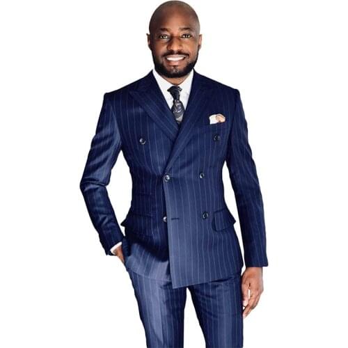 Latest Coat Pant Designs Blue Striped Mens Suits for Wedding Handsome Groom Tuxedo Slim Fit Terno Masculino Prom Party 2 Piece