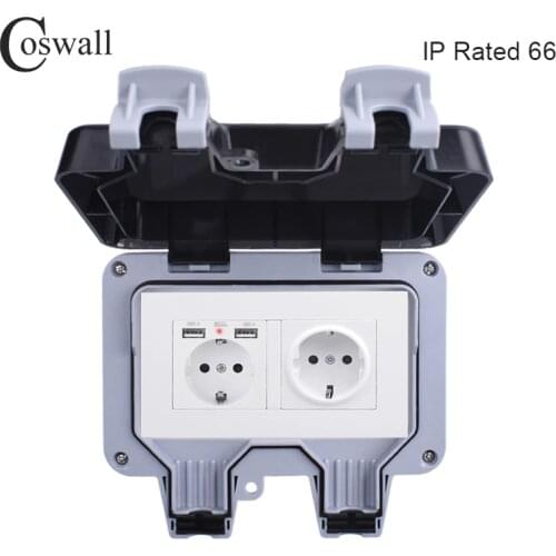 Coswall IP66 Weatherproof Waterproof Outdoor Wall Power Socket 16A Double EU Standard Outlet With Dual USB Charging Port 2.1A