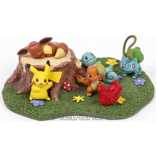 Pokemon Pikachu Bulbasaur Squirtle Charmander Eevee with Tree Stump Mini PVC Figures Toys Gift 5pcs/set