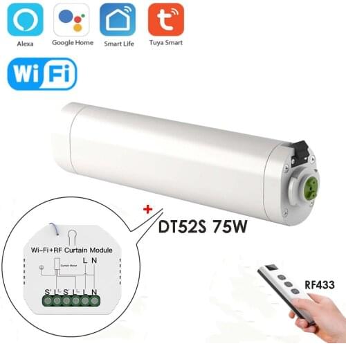 Tuya App Smart WiFi&RF Curtain Module+DT52S 75W 4 Wire Motor,RF433/App/Voice Remote Control,for Alexa Google Home,Time Setting