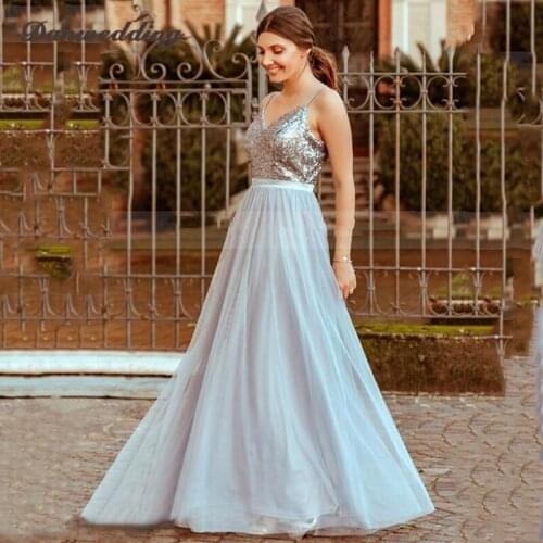 Simple Evening Dress Sequined A-Line V-Neck Sleeveless Spaghetti Straps Prom Dress Satin Sashes Evening Gowns