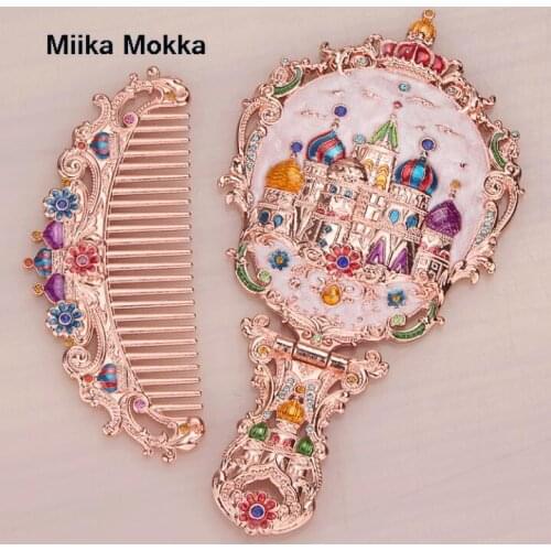 Russia hand-held small mirror with a comb set Retro portable cosmetic mirror Collapsible Desktop Princess mirror