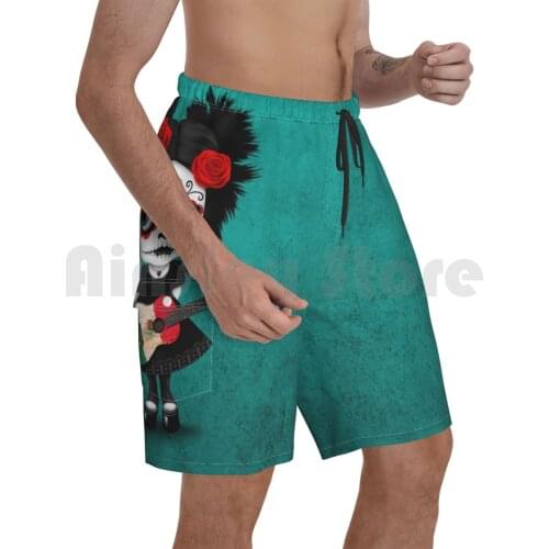 Sugar Skull Girl Playing Mexican Flag Guitar Beach Shorts Men Beach Pants Swim Trunks Day Of The Dead Girl Mexican