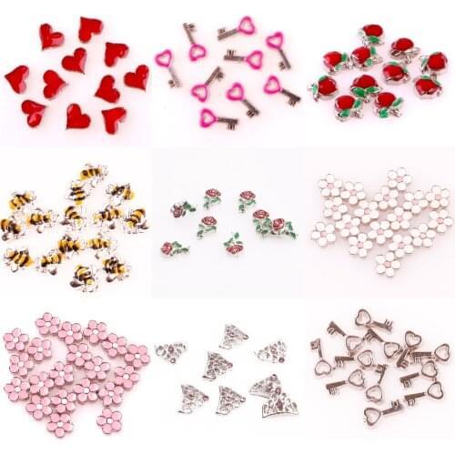 20Pcs/Lot Cute Alloy Rose Flower Charms Floating Key Bee Apple Pendant For DIY Locket Bracelet Necklaces Jewelry Finding
