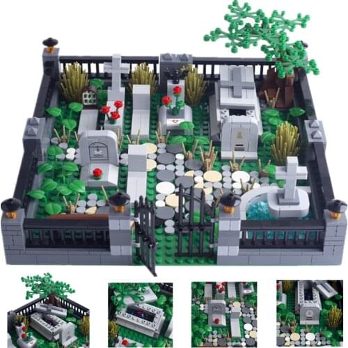 Cemetery Building Block Grave Tombstone Model MOC City Accessories Plants Flowers Skeleton Halloween Toys for children Gift W278