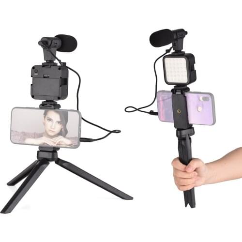 Mini LED Video Light Vlog Shooting Kit +Super Cardioid Condenser Mic+ Phone Clip+Tripod for Smartphone Vlogging Live Streaming
