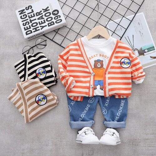 2021 Baby Boys Spring Autumn Clothing Toddler Girl Fashion 2pcs Set Infant Striped Knitted Cardigan+Cartoon T-shirt+Letter Jeans