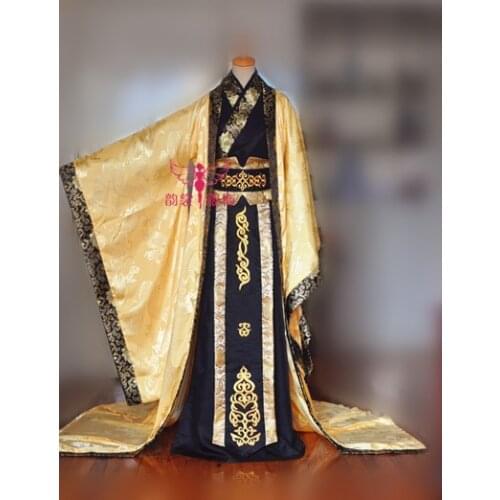 Gorgeous Emperor Black Gold Color Male Costume for Photography COS hanfu Wide Sleeve Dragon Pattern Costume with Tail