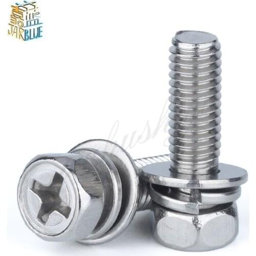 Gb9074.13 304 Stainless Steel Cross Head External Hex Three Combination Screw M4 M5 M6 M8 Screws Bolt Gb9074 Six Angle Combined